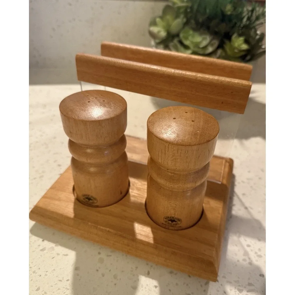 Vtg Wood Salt&Pepper  Shakers Napkin Holder, Baker.Hart & Stuart Retro Thailand